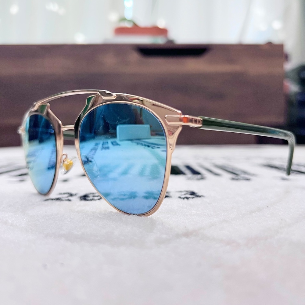 Dior Reflected Blue Mirror Lenses Rose Gold Frame Olive Green Arms Aviator - Picture 3 of 8